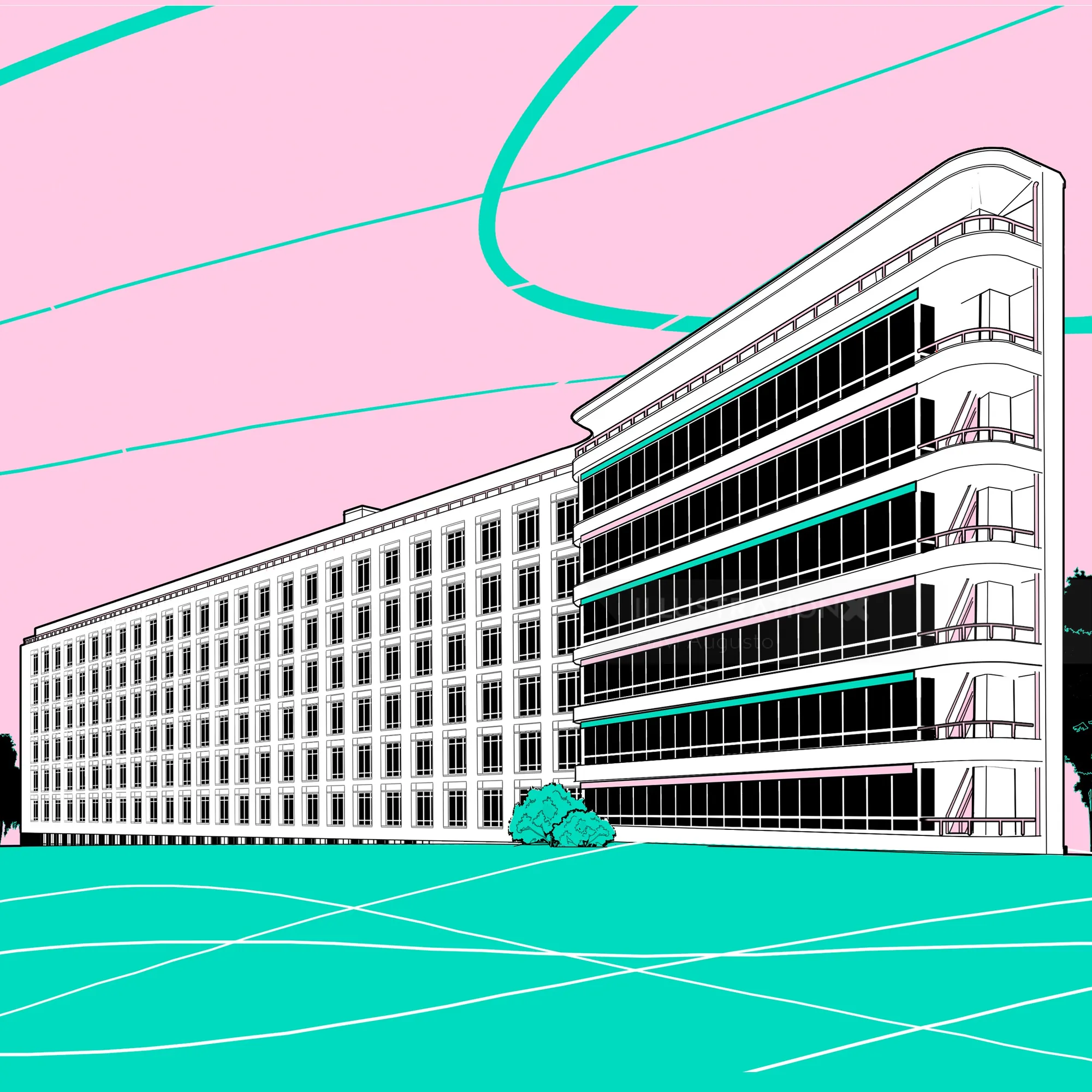 Modernist white office building with pink sky by Davi Augusto