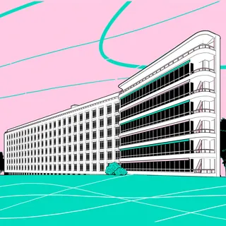 Modernist white office building with pink sky by Davi Augusto
