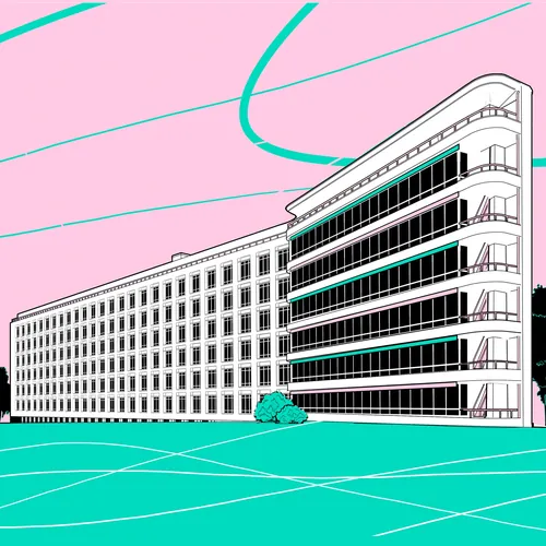Prédio de escritórios modernista branco com céu rosa por Davi Augusto