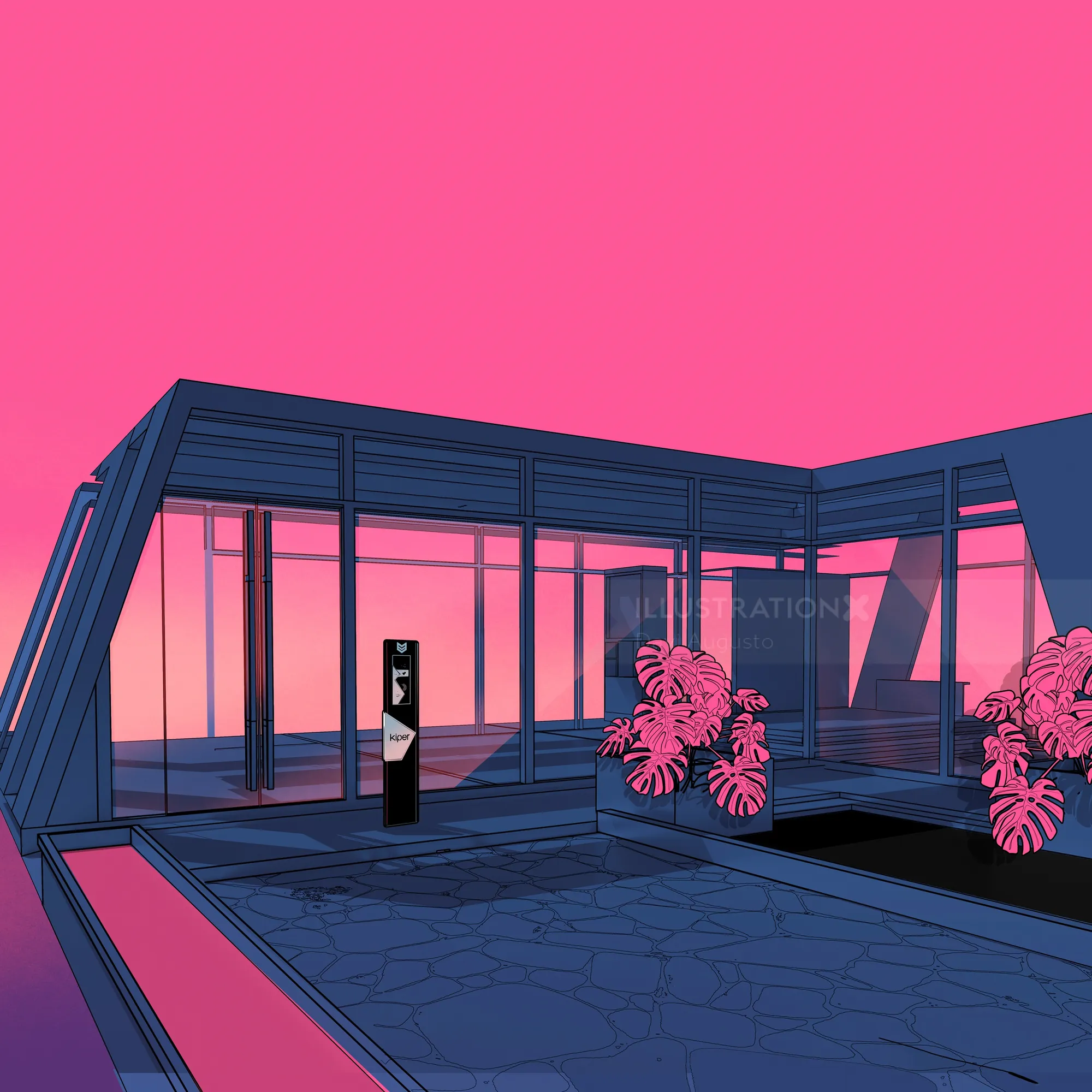 Casa de vidro moderna com plantas cor-de-rosa e céu ao pôr do sol por Davi Augusto
