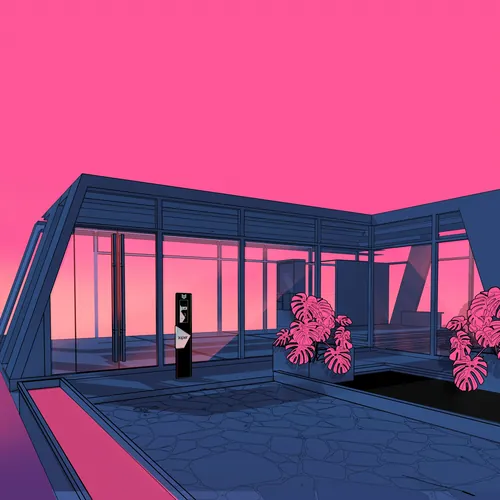 Casa de vidro moderna com plantas cor-de-rosa e céu ao pôr do sol por Davi Augusto