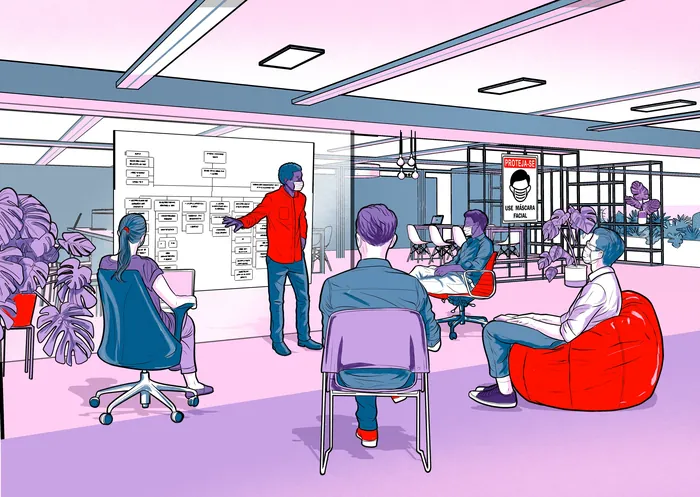 Team meeting in modern office with presentation by Davi Augusto