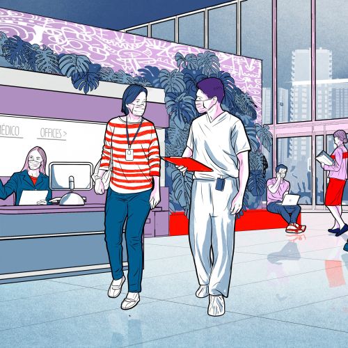 Hospital reception with staff and visitors by Davi Augusto