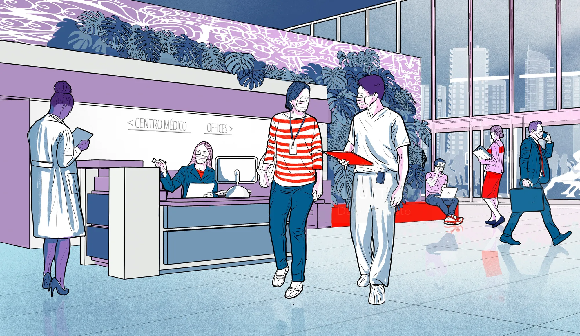 Hospital reception with staff and visitors by Davi Augusto