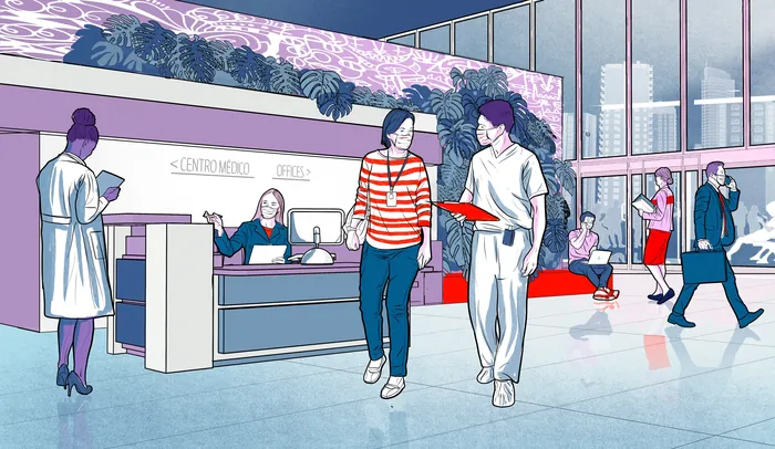 Hospital reception with staff and visitors by Davi Augusto