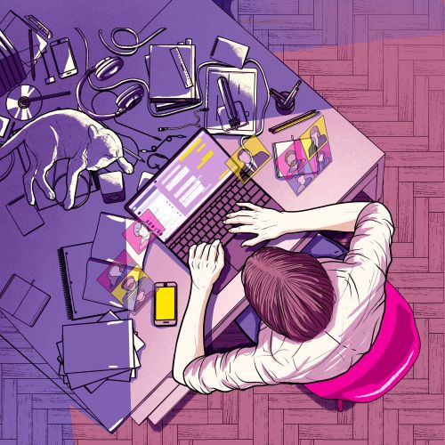 Person at desk typing on laptop with sleeping dog nearby by Davi Augusto