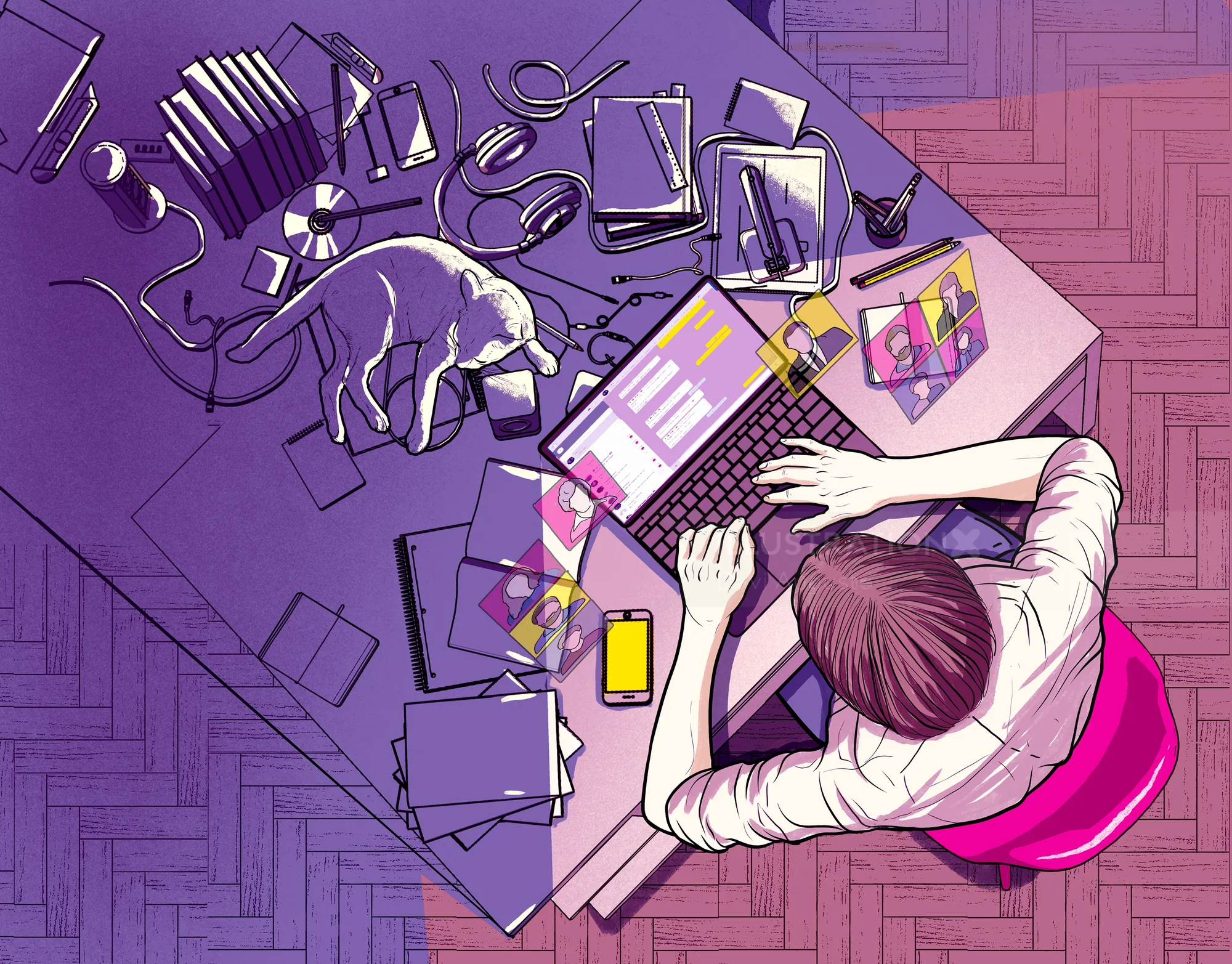 Person at desk typing on laptop with sleeping dog nearby by Davi Augusto