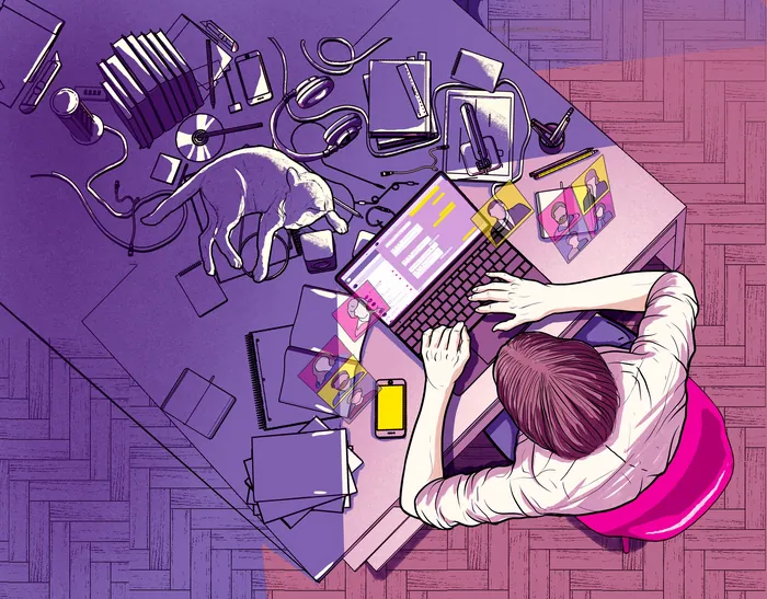 Person at desk typing on laptop with sleeping dog nearby by Davi Augusto