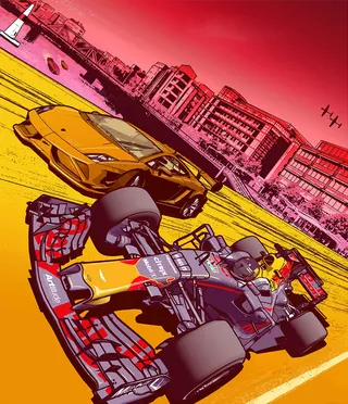 Formula 1 racing car and yellow sports car on the road by Davi Augusto