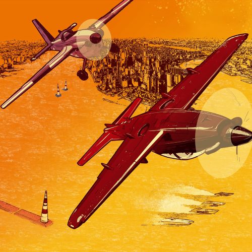 Two vintage planes flying over a cityscape with an orange sky by Davi Augusto