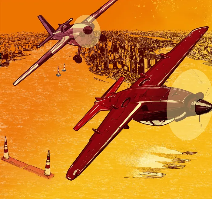 Two vintage planes flying over a cityscape with an orange sky by Davi Augusto