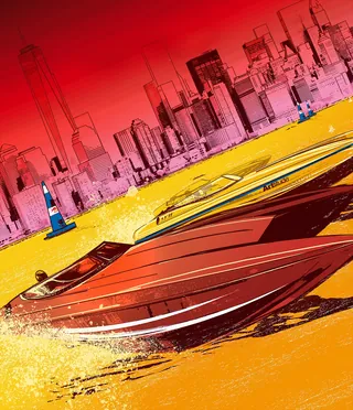 Speedboat on orange water with city skyline, digital artwork by Davi Augusto
