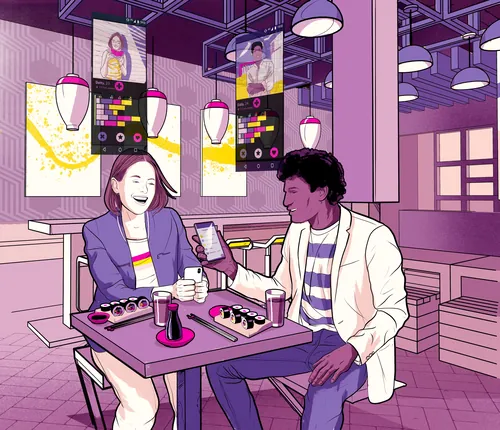 Casal compartilhando sushi e bebidas em um restaurante moderno com iluminação roxa por Davi Augusto