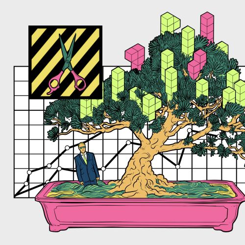 Illustration of bonsai tree with geometric shapes, scissors, and abstract elements by Davi Augusto