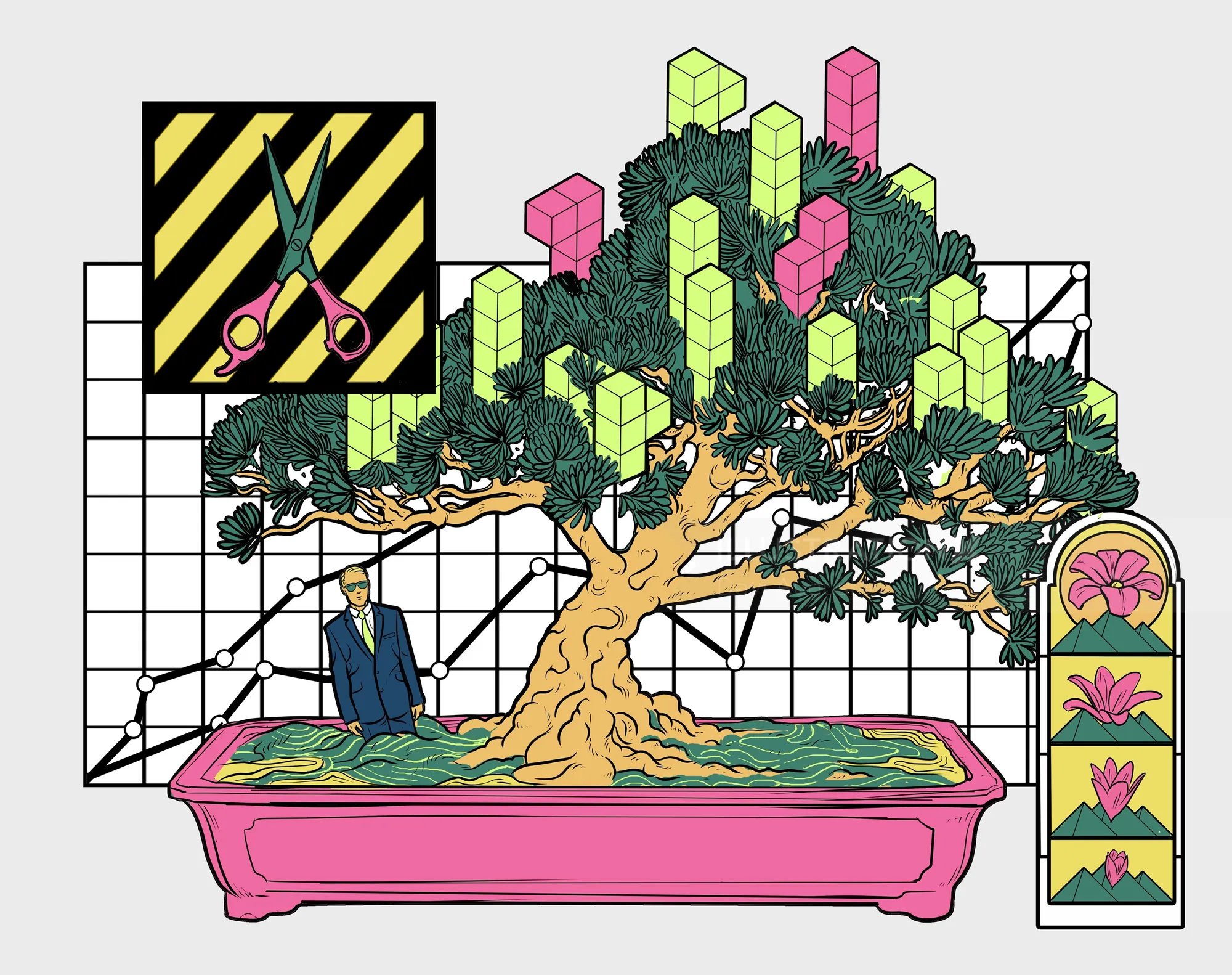 Illustration of bonsai tree with geometric shapes, scissors, and abstract elements by Davi Augusto