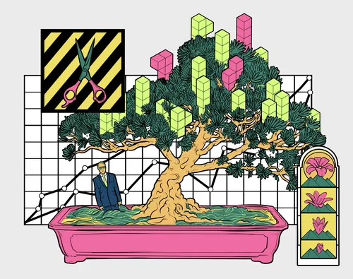 Ilustração de uma árvore bonsai com formas geométricas, tesoura e elementos abstratos por Davi Augusto