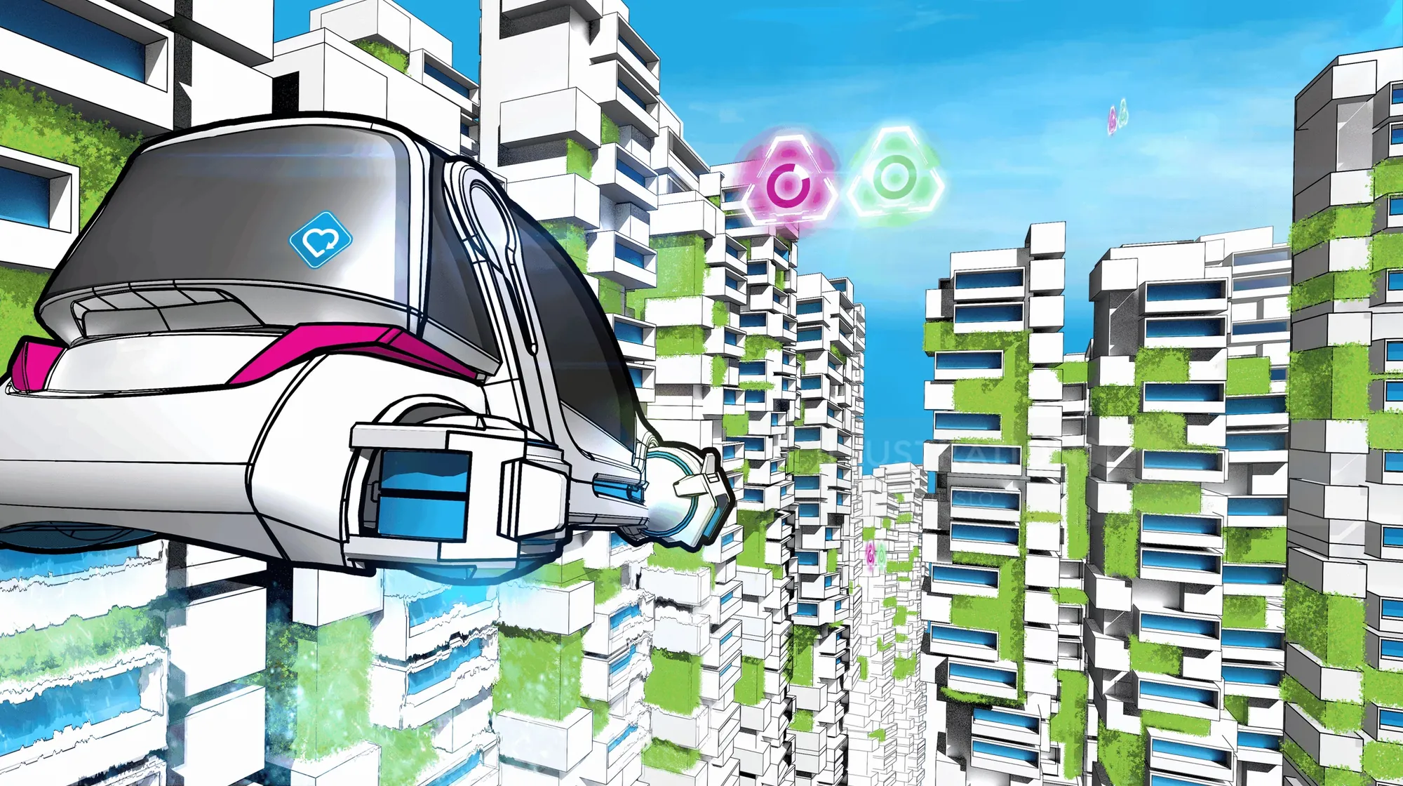 Paisagem urbana futurista com um trem flutuante por Davi Augusto
