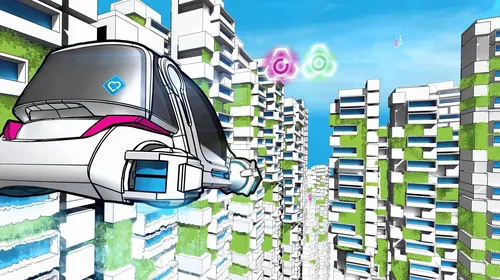 Paisagem urbana futurista com um trem flutuante por Davi Augusto