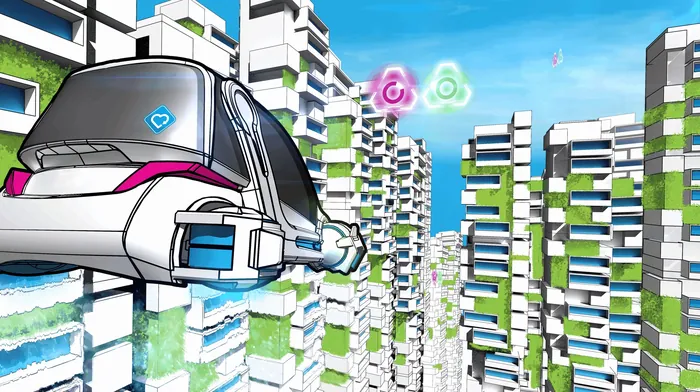 Futuristic cityscape with a hovering train by Davi Augusto