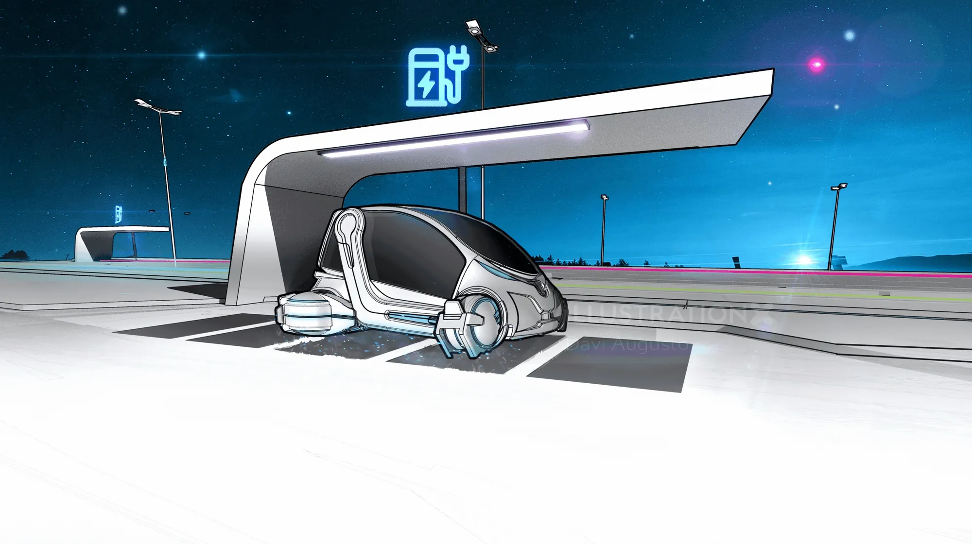 夜間の充電ステーションに停車中の未来的な車両（撮影：Davi Augusto）