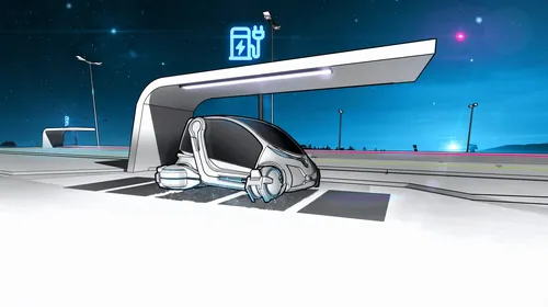 Veículo futurista em uma estação de carregamento à noite por Davi Augusto
