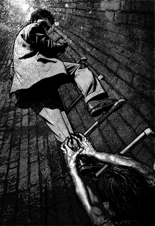 Man climbing ladder inside brick shaft with hands reaching up, artwork by Davi Augusto