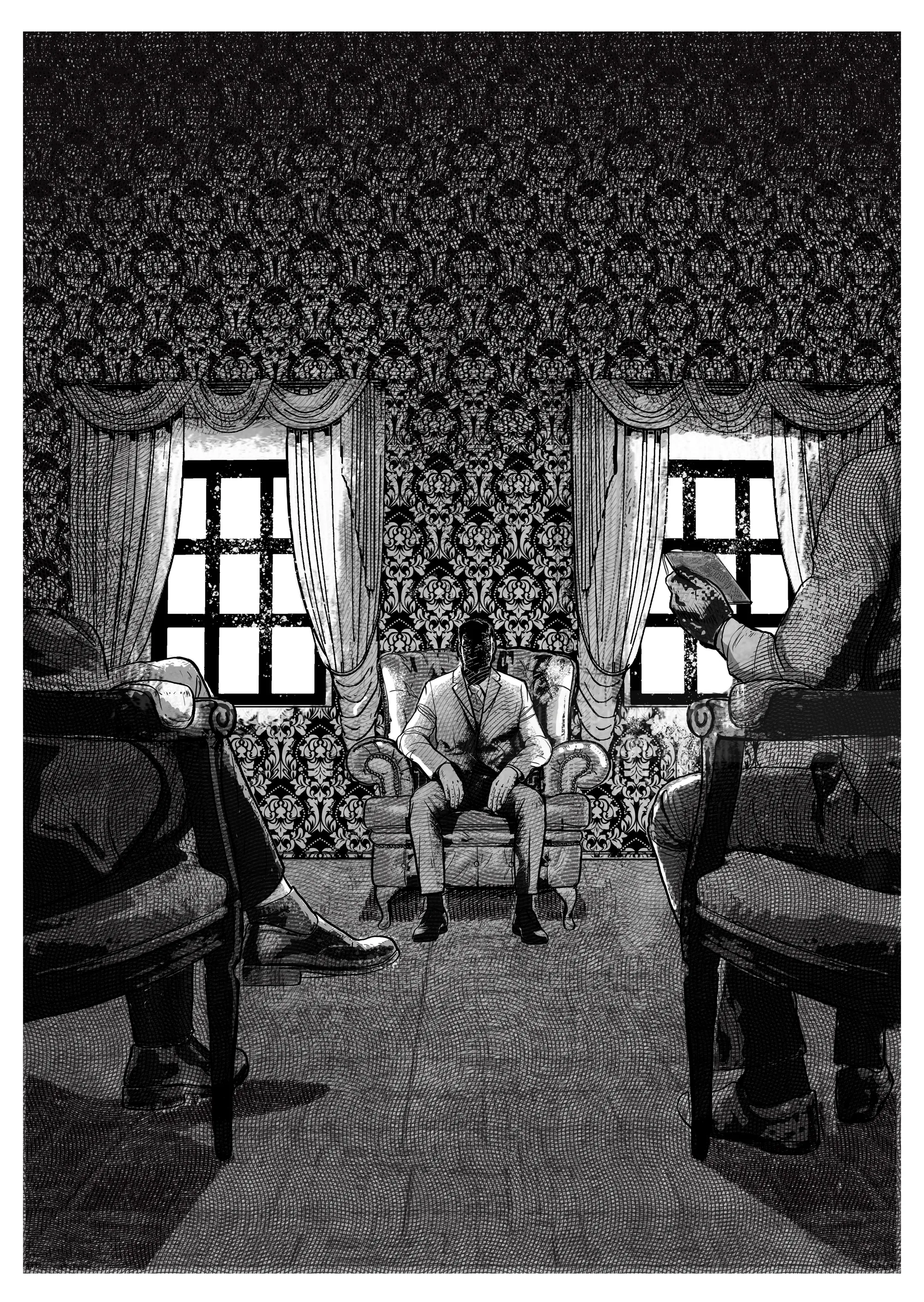 Black and white drawing of three men in decorated room by Davi Augusto