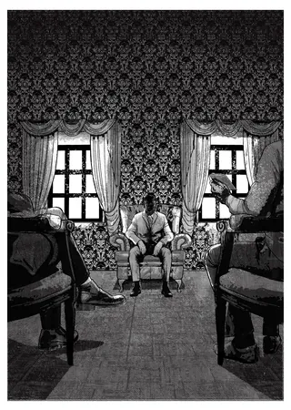 Black and white drawing of three men in decorated room by Davi Augusto