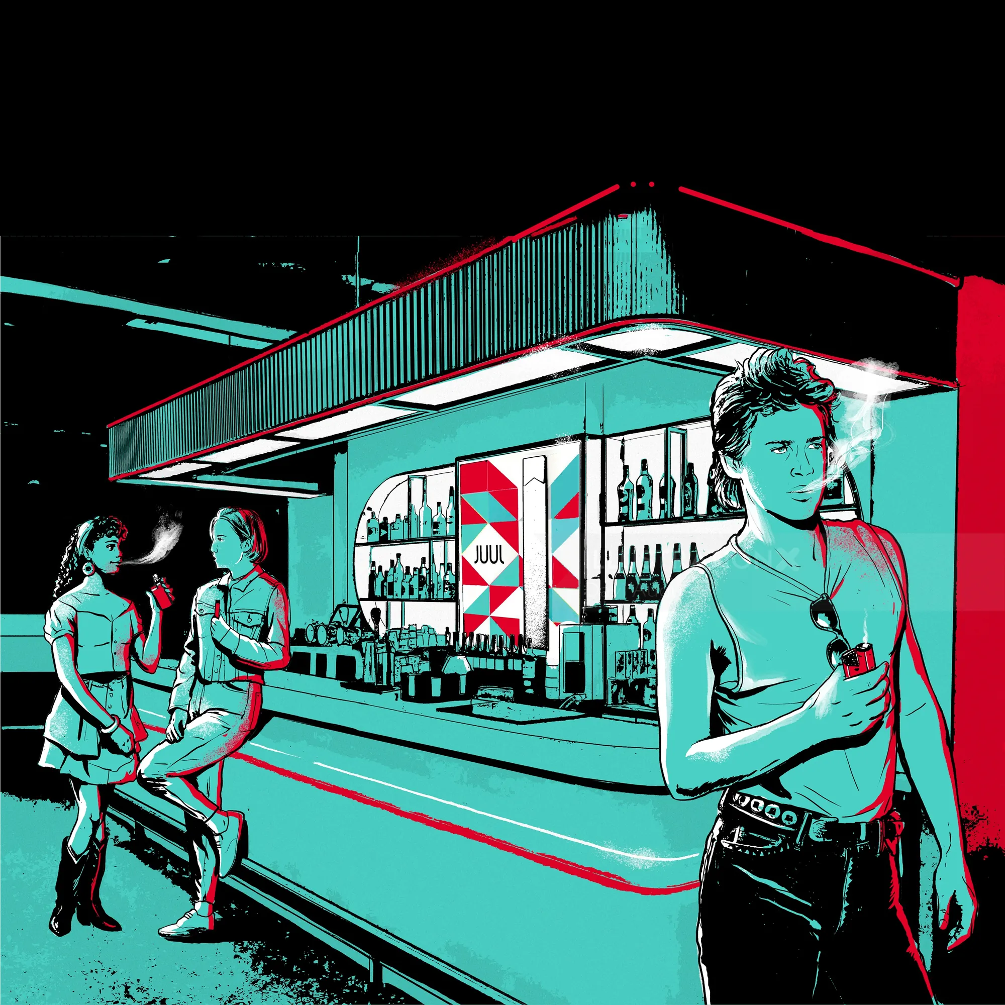 Bar scene with two women and a man smoking, artwork by Davi Augusto