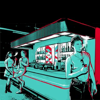 Bar scene with two women and a man smoking, artwork by Davi Augusto