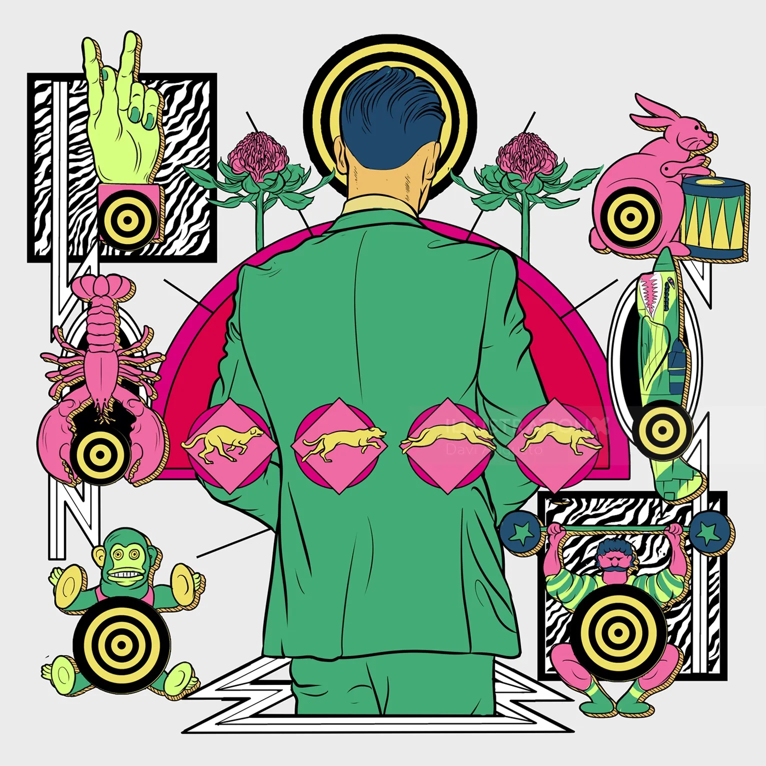 Surreal illustration of a man with animals and geometric shapes by Davi Augusto