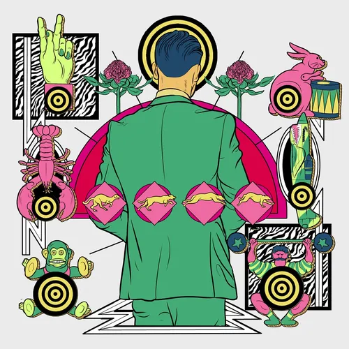 Ilustração surreal de um homem com animais e formas geométricas por Davi Augusto
