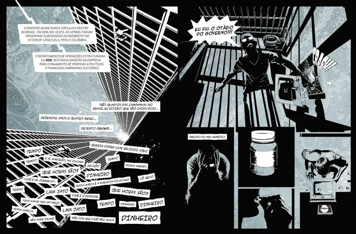 Black and white graphic novel panels with intense shadows, by Davi Augusto