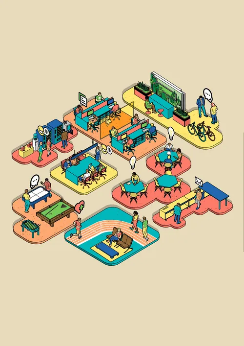 Ilustração isométrica de um espaço de trabalho de escritório moderno com pessoas, por Davi Augusto