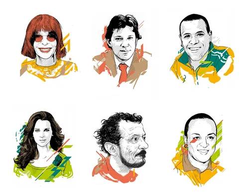 Ilustração de retratos coloridos por Davi Augusto mostrando seis indivíduos diversos.
