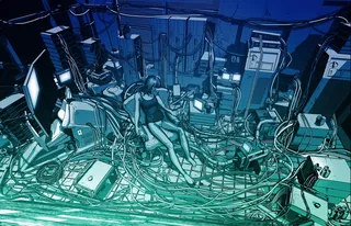 Person connected to machines with many cables in sci-fi setting by Davi Augusto