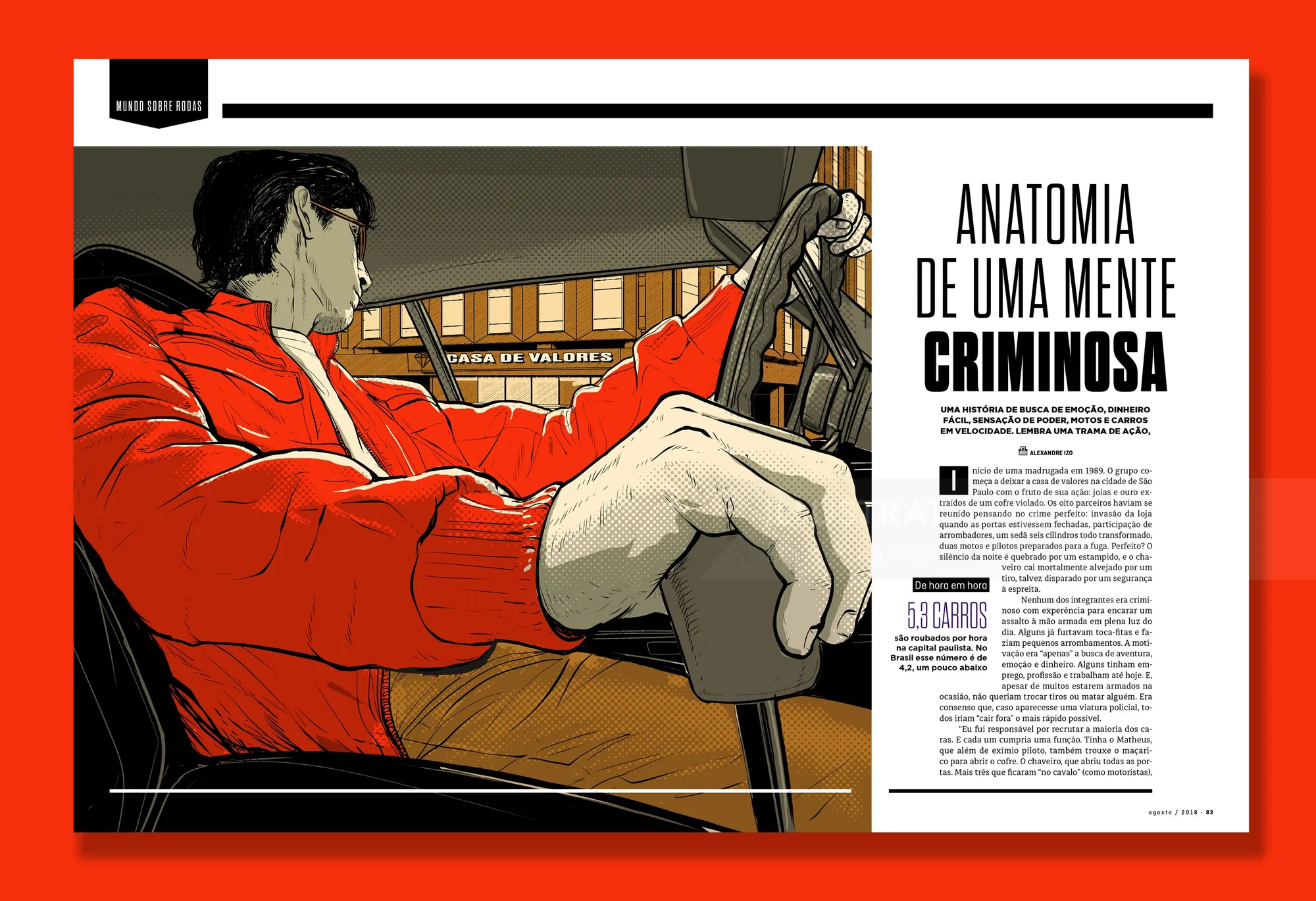 Homem dirigindo um carro vestindo uma jaqueta vermelha, ilustração de Davi Augusto