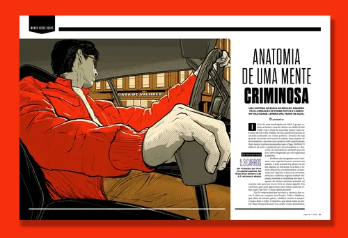 Homem dirigindo um carro vestindo uma jaqueta vermelha, ilustração de Davi Augusto