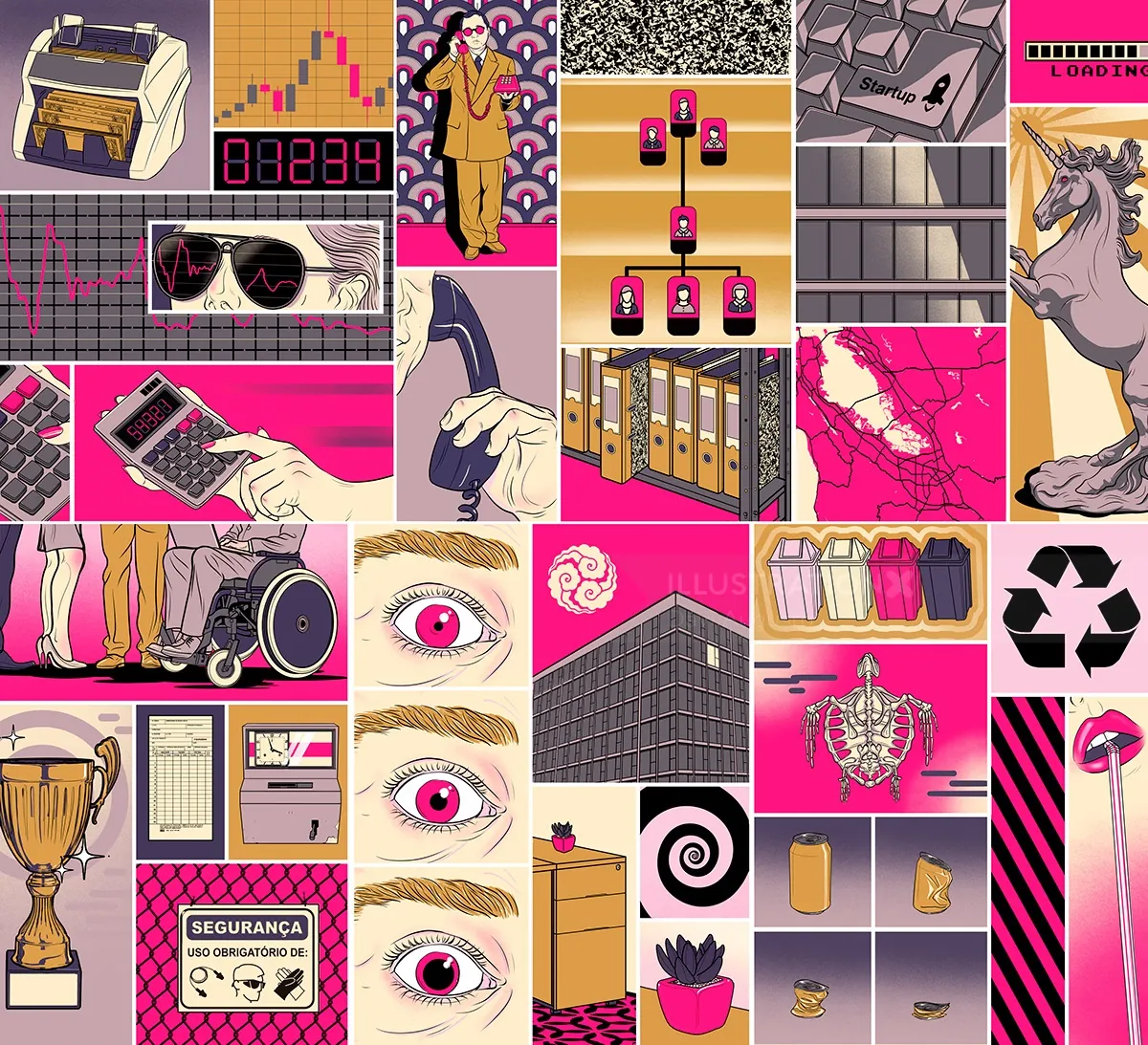 Colorful collage of everyday objects and scenes by Davi Augusto