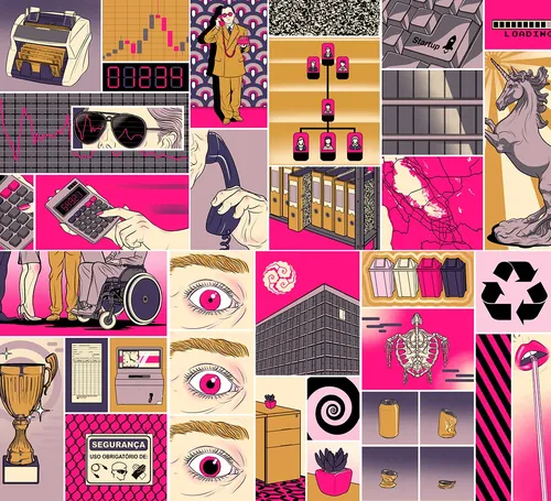 Colagem colorida de objetos e cenas do cotidiano por Davi Augusto