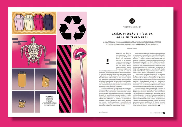 Magazine article about water levels and pressure with illustrations by Davi Augusto