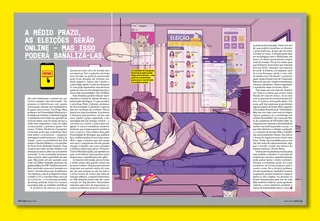 Person reclining on couch looking at online election results, illustrated by Davi Augusto