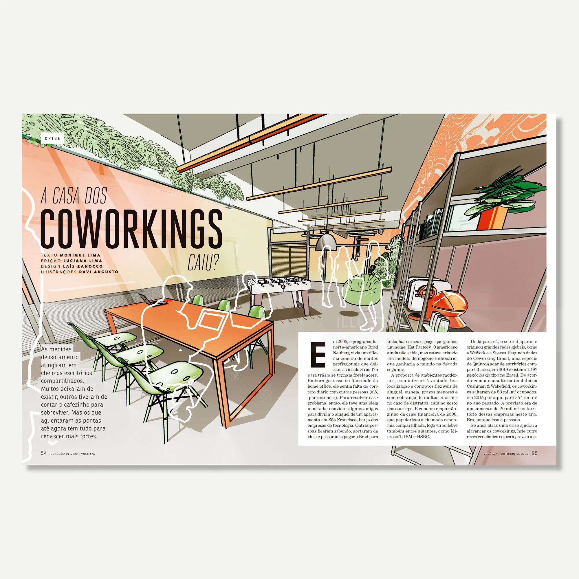 Ilustração do interior de um espaço de coworking moderno por Davi Augusto
