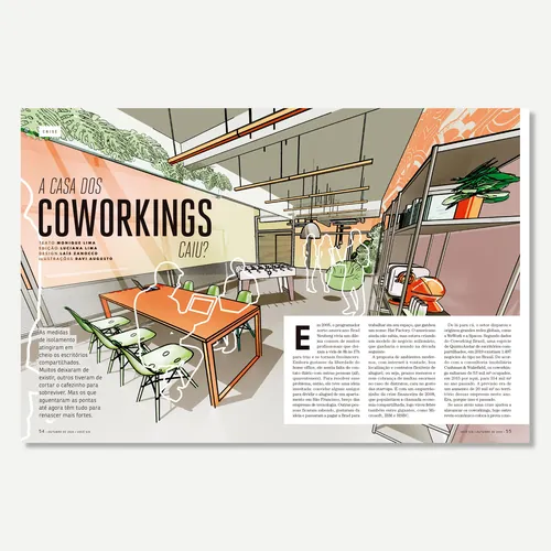 Ilustração do interior de um espaço de coworking moderno por Davi Augusto