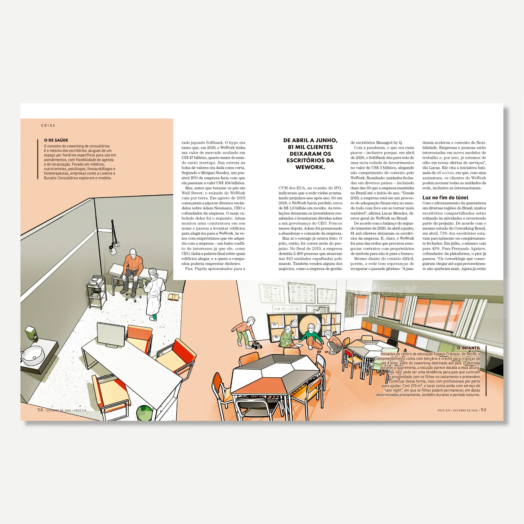 Ilustração do interior de uma sala de aula moderna com alunos e carteiras por Davi Augusto