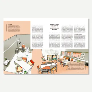 Illustration of a modern classroom interior with students and desks by Davi Augusto