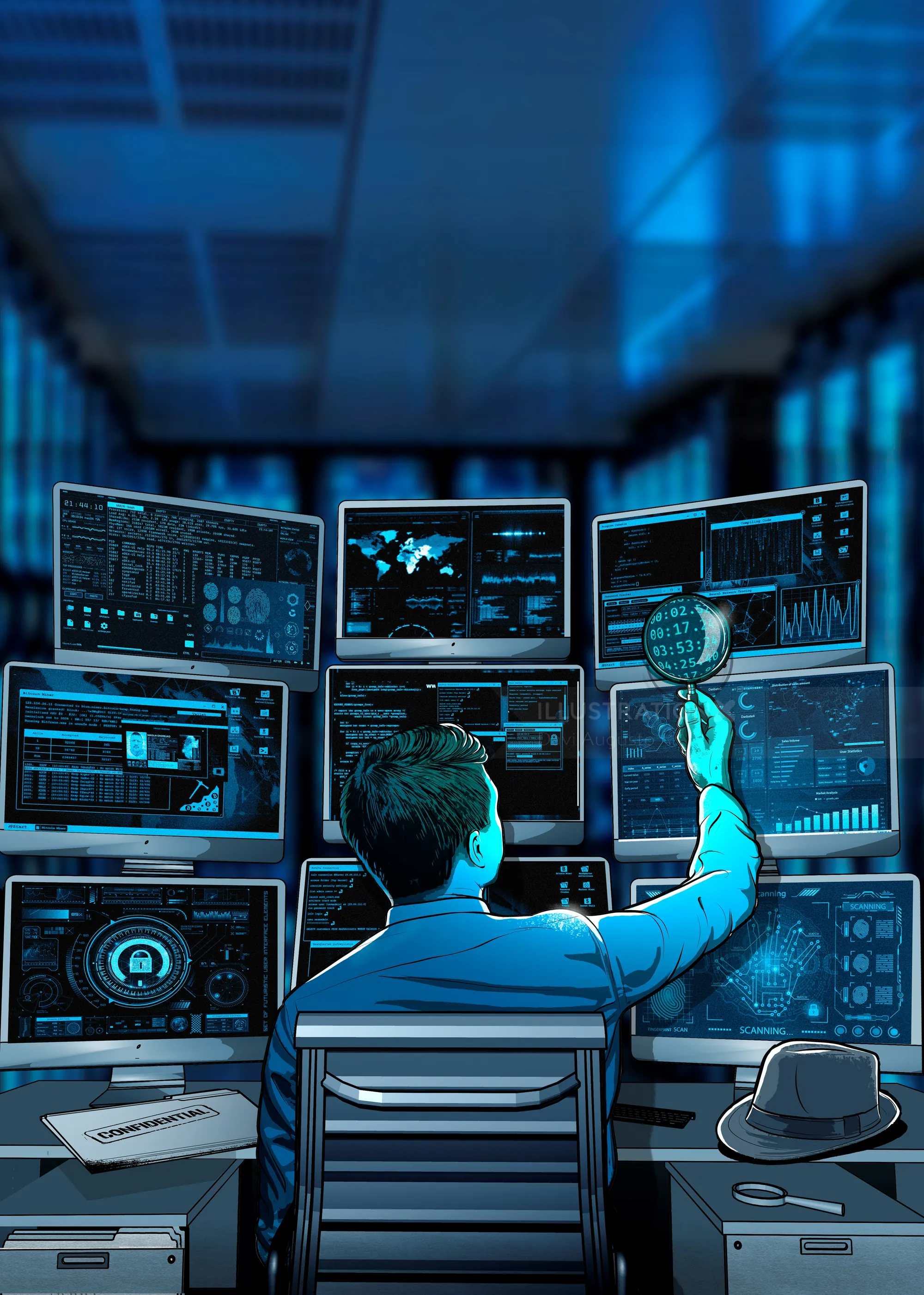 Cybersecurity analyst examining data on multiple screens with magnifying glass by Davi Augusto