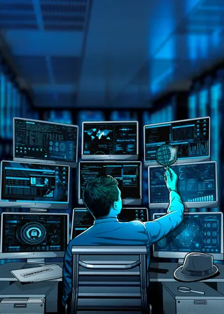 Cybersecurity analyst examining data on multiple screens with magnifying glass by Davi Augusto