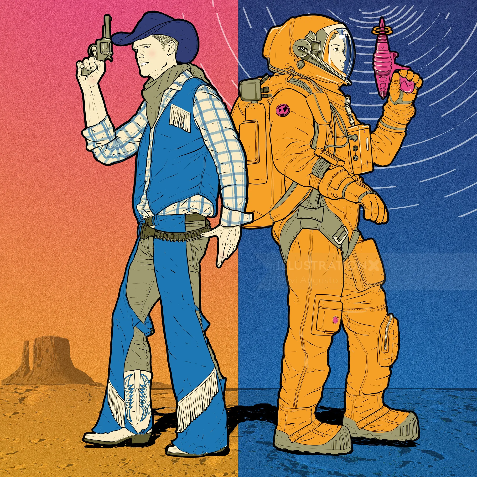 Cowboy e astronauta de costas um para o outro segurando armas de brinquedo por Davi Augusto