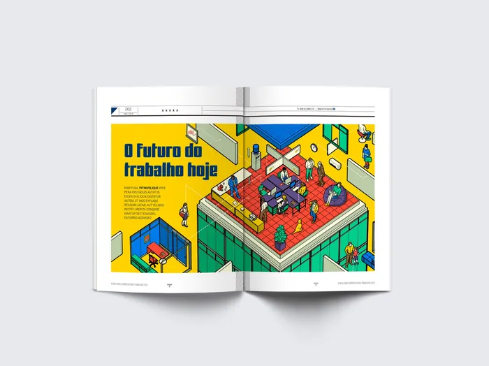 Isometric office workspace illustration in magazine by Davi Augusto